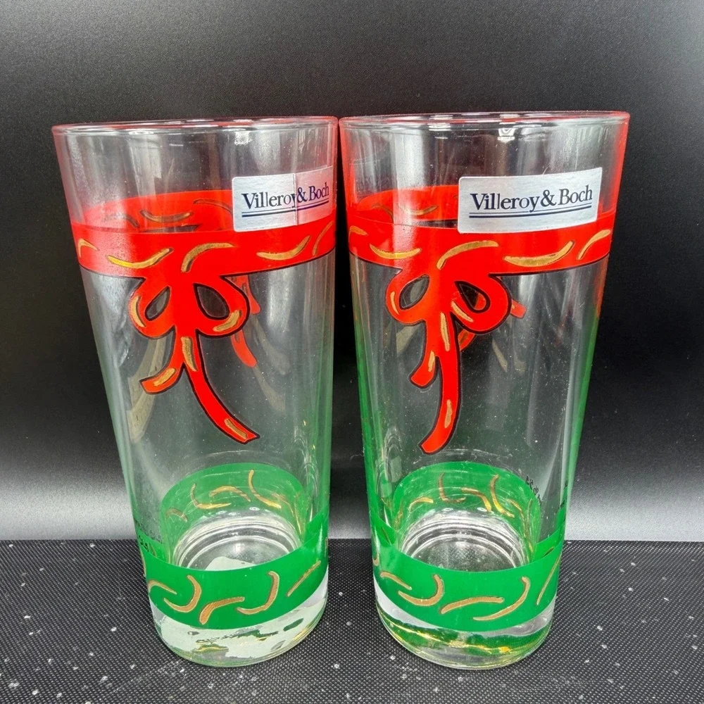 Villeroy & Boch Christmas Highball Glasses Set‎ 4 Red Ribbon Green France NEW